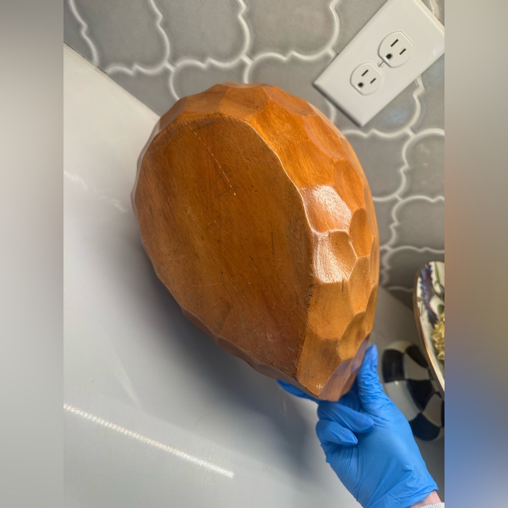 Vintage Hand-Carved Teardrop Wood Bowl | Mid Century Modern Faceted Boho Decor - Picture 7 of 7